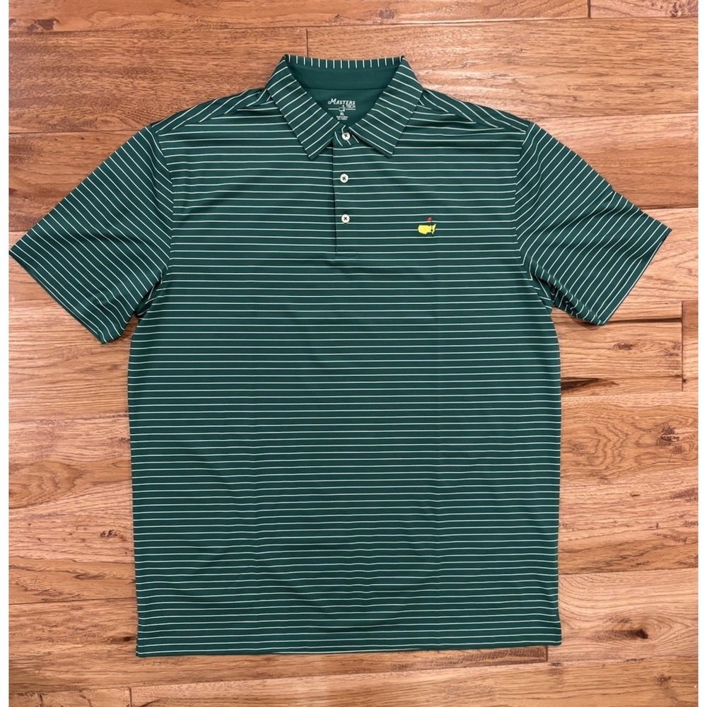 Masters Tech Polo Shirt Green White Stripe Golf Performance Short Sleeve Mens XL